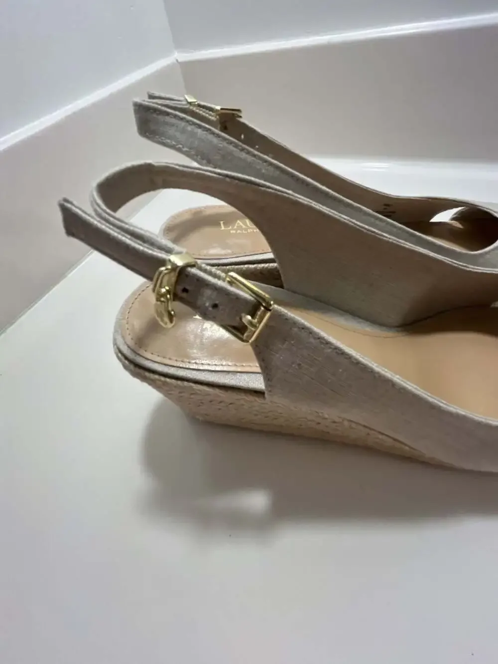 Lauren Ralph Lauren Beige Linen Slingback Wedge Espadrille Sandals
